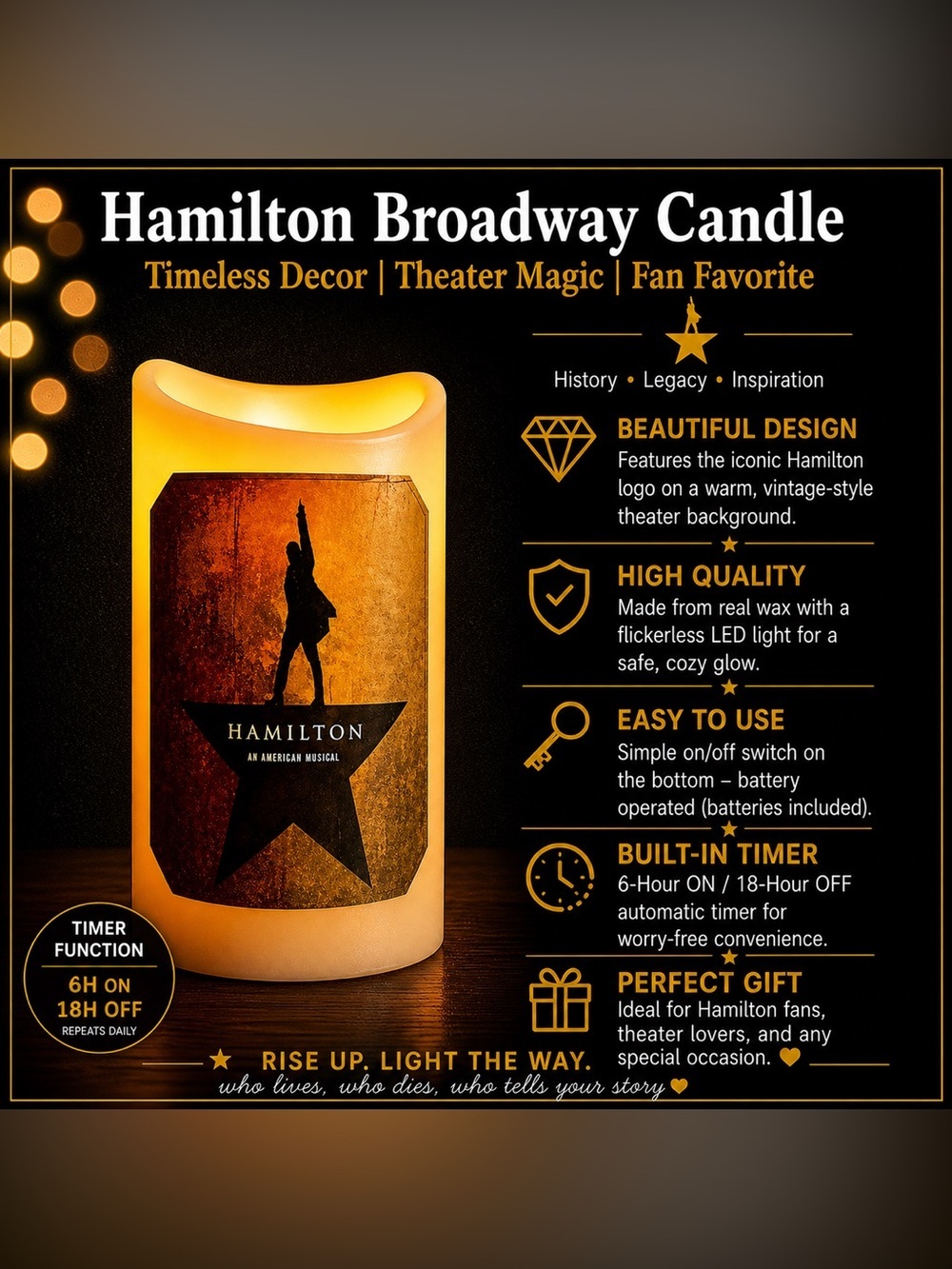 *30off3* NWOT. Broadway Hamilton Musical Theater Flameless Candle